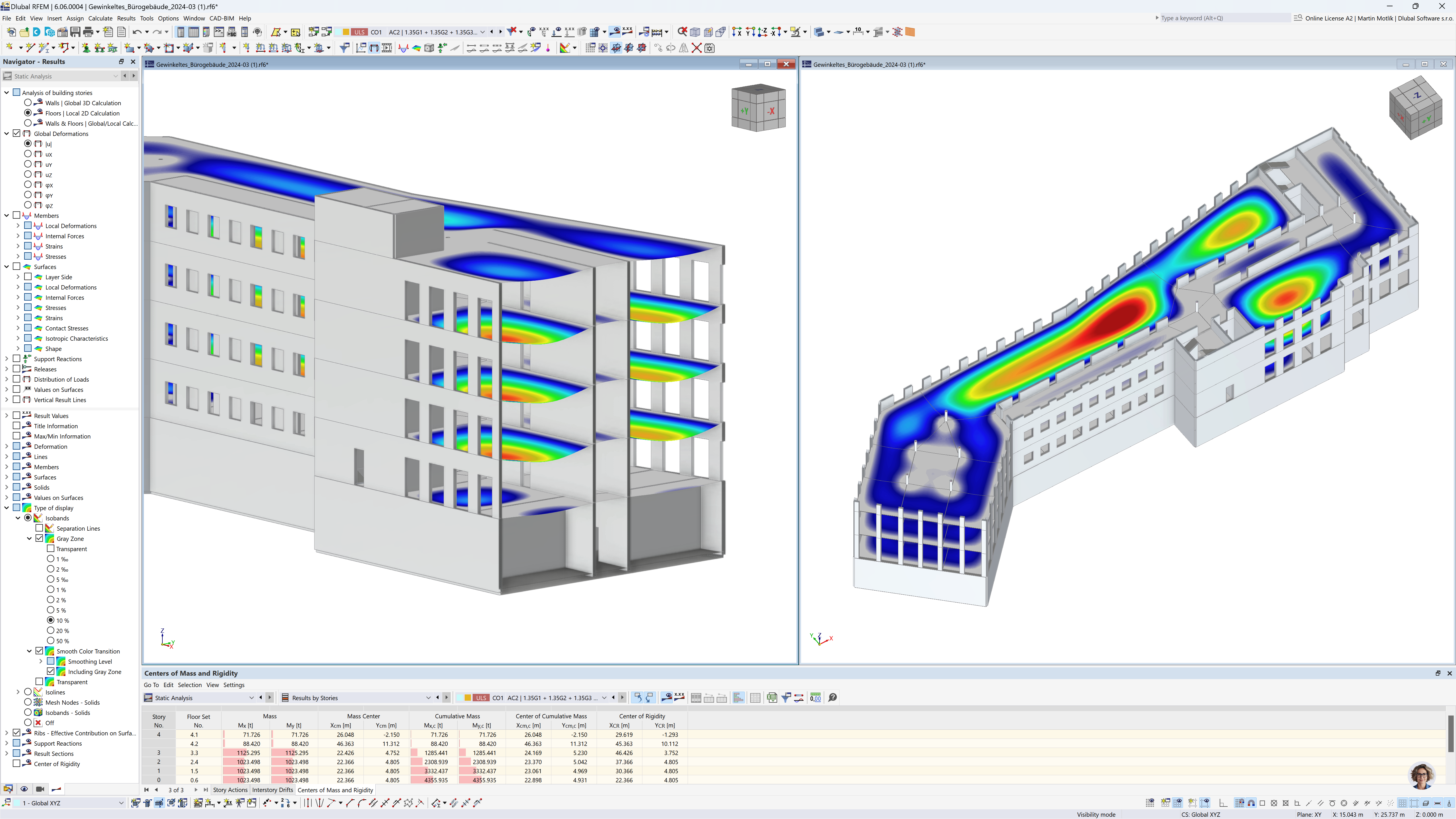 Das Bild zeigt einen Computerbildschirm mit geöffneter Statiksoftware. Zu sehen ist ein 3D-Modell von einem mehrstöckigen Gebäude mit farblich markierten Bereichen, die die globalen Verformungen darstellen.